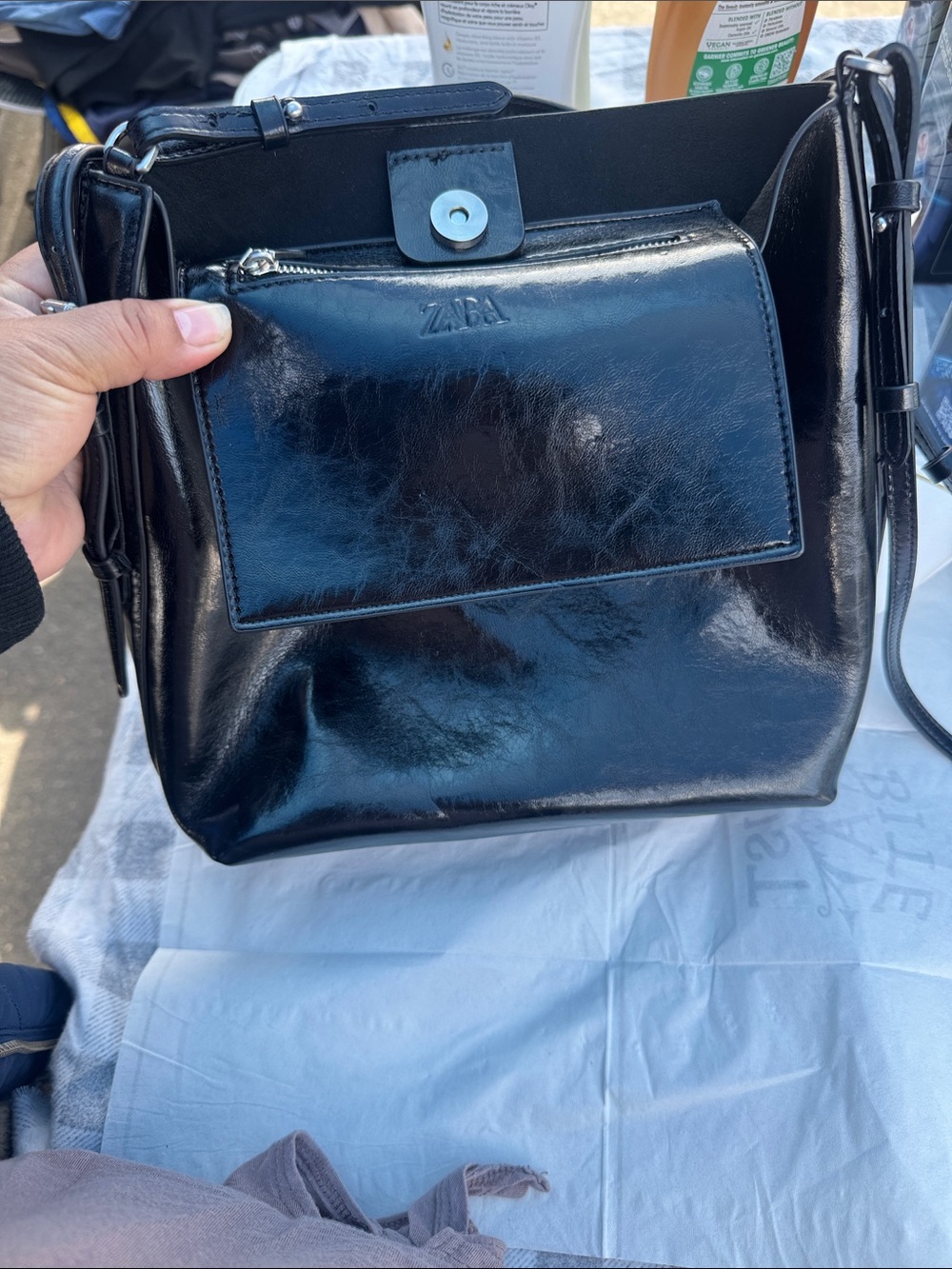 Zara Black Patent Shoulder Bag with Front Zip Pocket